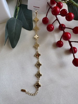 14 Ayar Altın Kaplama Yonca Bileklik- Gold Renk Şans Sembolü Günlük ve Özel Gün