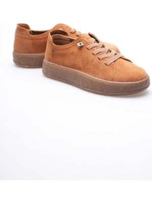 Mubiano Kadın Hakiki Süet Sneaker Comfort Tabanlı Lastik Bağcıklı Günlük Ayakkabı Taba Navel