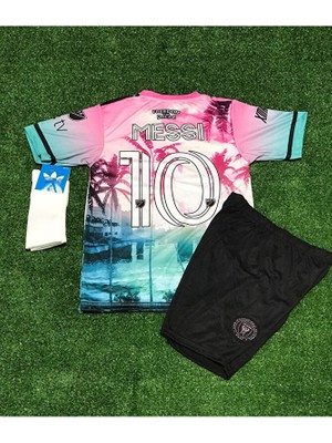 Legent Lady Yeni Sezon Lionel Messi  Inter/miami Özel Tasarım Pembe  Desenli Çocuk Futbol Forması 3'lü Takım
