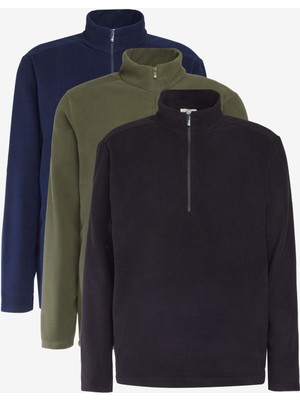 Altınyıldız Classics Unisex Siyah-Haki-Laci 3'lü Paket Standart Fit Bato Yaka Soğuk Geçirmez Sweatshirt Polar