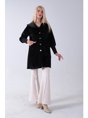 Feminist Siyah 2 Torba Cep Kapüşonlu Düğme Kapamalı Bileği Lastikli Peluş Kaban 41630062.01