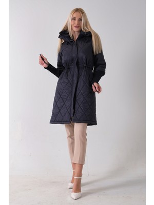 Feminist Lacivert Bileği Lastikli Kapüşonlu Baklava Desenli Şişme Mont 44520207.02