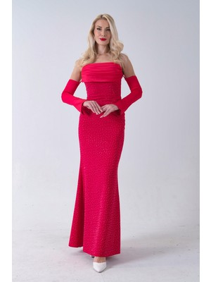 Feminist Kırmızı Drapeli Üzeri Işıltı Nokta Detaylı Kollu Abiye 0802502.08