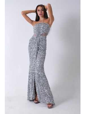 Feminist Gri Önü Taş Detaylı Yırtmaçlı Pul Payet Straplez Abiye 0801163.06