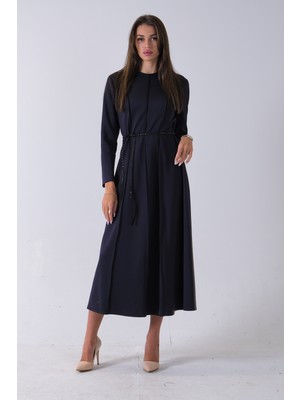 Feminist Lacivert Bisiklet Yaka Önü Pile Detaylı Beli Kemerli Elbise 4593453.02