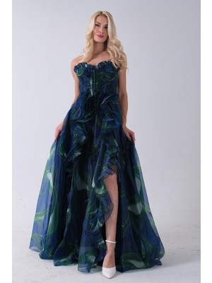 Feminist Lacivert Straplez Yaka Önü Düğme Detaylı Desenli Fırfırlı Abiye 9705680.02