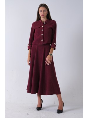 Feminist Bordo Önü Düğme Kapamalı Crop Ceket Etekli Tüvid Takım 45950601.04