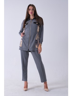 Feminist Gri Üzeri Desenli Yaka Deri Detaylı Fermuar Kapamalı Tunik Pantolonlu Takım 4703058.06