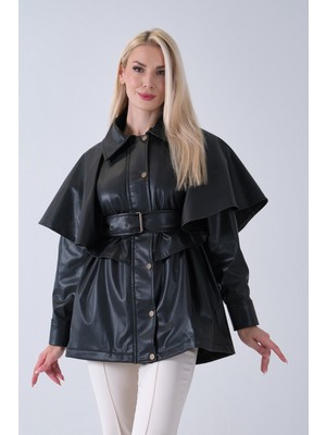 Feminist Siyah Yakalı Kendinden Pelerinli Kemerli Deri Ceket 5309366.01