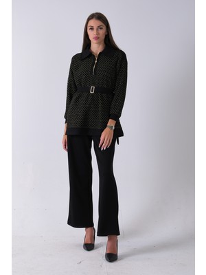 Feminist Gold Tunik Yaka Fermuar Kapamalı File Detaylı Pantolonlu Takım 4577283.122