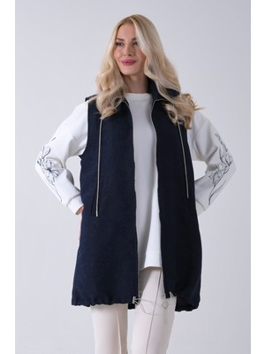 Feminist Lacivert Tunik Kolu Çiçek Desenli Yelekli 2'li Takım 940120274.02