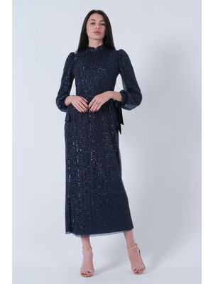 Feminist Lacivert Bilek Ucu Saten Kurdele Pullu Tesettür Abiye 6502471.02