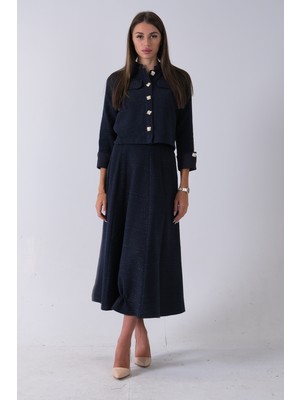 Feminist Lacivert Önü Düğme Kapamalı Crop Ceket Etekli Tüvid Takım 45950601.02
