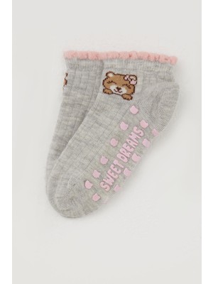 Katamino Kız Çocuk Patik Çorap Abs Li Sevimli Ayıcık Baskılı 1-6 Yaş, Açık Gri Melanj