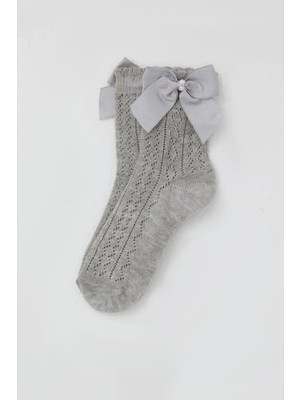Katamino Kız Çocuk File Soket Çorap Fiyonk Aksesuarlı Incili 5-8 Yaş, Gri Melanj