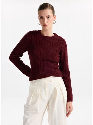 Fabrika Bisiklet Yaka Basic Saç Örgü Desenli Bordo Kazak Kadın F5WL-KZK0255