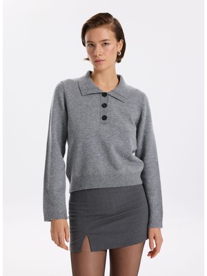 Fabrika Polo Yaka Dar Düz Gri Melanj Kazak Kadın F5WL-KZK0023