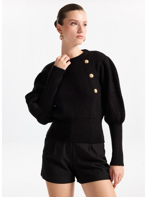 Fabrika Bisiklet Yaka Relaxed Fitilli Siyah Kazak Kadın F5WL-KZK0025