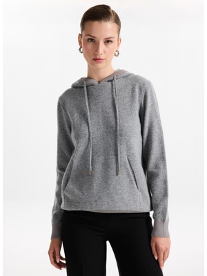 Fabrika Kapüşon Yaka Relaxed Düz Gri Melanj Kazak Kadın F5WL-KZK0323