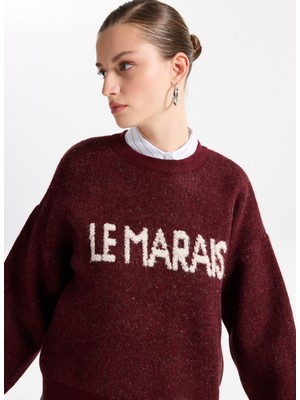 Fabrika Bisiklet Yaka Loose Fit Jakarlı Bordo Kazak Kadın F5WL-KZK0250