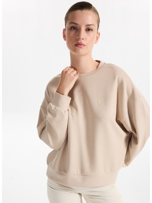 Fabrika Bisiklet Yaka Baskılı Bej Kadın Sweatshırt F5WL-SWT0385