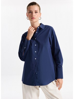 Fabrika Loose Fit Gömlek Yaka Düz Lacivert Kadın Gömlek F5WL-GML0105