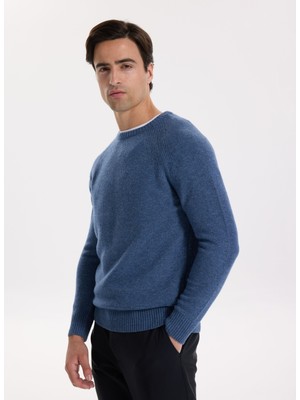 Fabrika Bisiklet Yaka Slim Fit Düz Indigo Erkek Kazak F5WM-KZK 2331