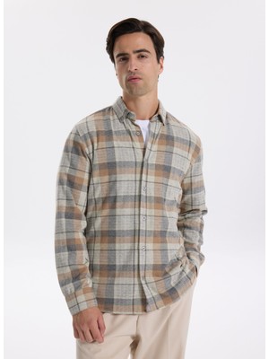 Fabrika Regular Fit Düğmeli Yaka Ekose Bej - Gri Erkek Gömlek F5WM-GML 2760