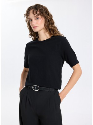 Jeep Bisiklet Yaka Basic Düz Örgü Desenli Siyah Kazak Kadın J5WL-KZK7130