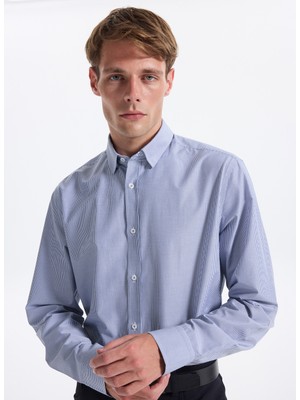 Fabrika Slim Fit Alttan Britli Yaka Çizgili Koyu Mavi Erkek Gömlek Maydos-Y 307