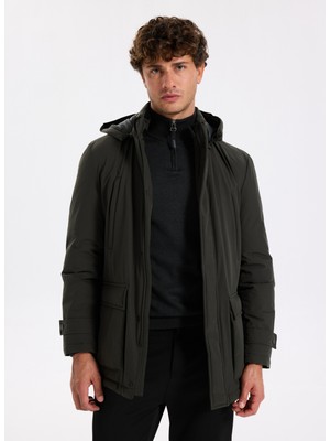 Fabrika Haki Erkek Kaban F5WM-KBN 2552 %100 Polyester Uzun Kol Kapüşonlu Yaka L Beden Düz Desen