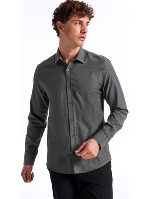 Fabrika Slim Fit Gömlek Yaka Düz Haki Erkek Gömlek F5WM-GML 2574