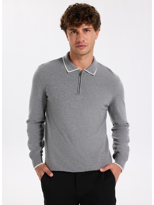 Fabrika Polo Yaka Slim Fit Düz Gri Melanj Erkek Kazak F5WM-KZK 2319