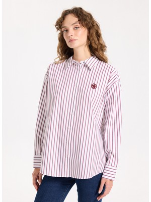 Jeep Loose Fit Gömlek Yaka Çizgili Bordo Kadın Gömlek J5WL-GML7138