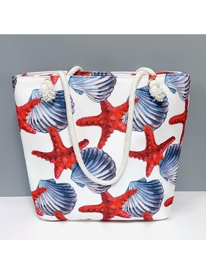 Zero Techmrt Deniz Yıldızı Istiridye Desenli Plaj Çantası-Beyaz