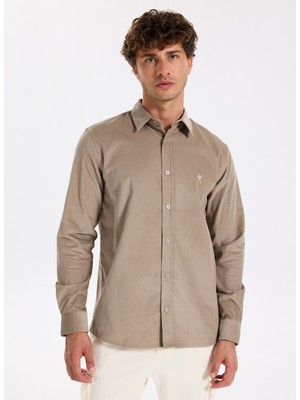 Fabrika Slim Fit Gömlek Yaka Düz Vizon Erkek Gömlek F5WM-GML 2378