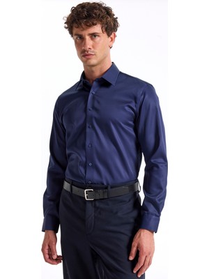 Fabrika Slim Fit Sumos Yaka Düz Lacivert Erkek Gömlek F5WM-GML 2581