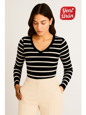 Novelle V Yaka Uzun Kol Fitilli Bluz