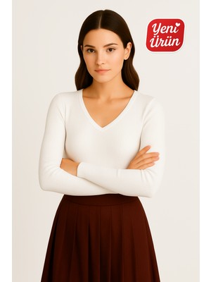 Novelle V Yaka Uzun Kol Fitilli Bluz