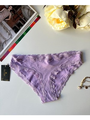Intive Lingerie Arlet Kadın Pamuklu Rahat Günlük Kullanım Dantelli Slip/külot (Lila-Gül Kurusu- Krem)