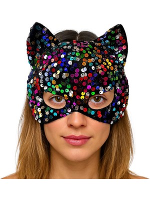 Zero Land Techmrt Siyah Kadife Kumaş Üzerine Rengarenk Payetli Pullu Parti Maskesi 16X14 cm