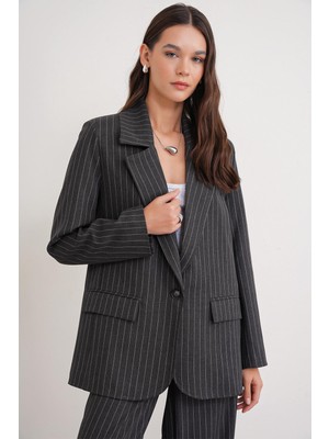 Mixray 4753 Kadın Çizgili Oversize Blazer Ceket Antrasit