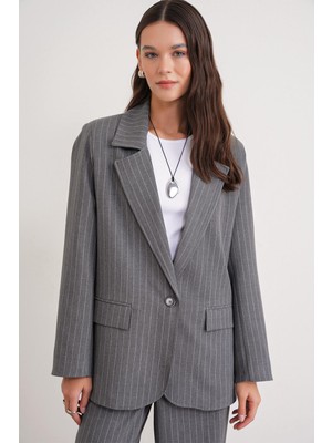 Mixray 4753 Kadın Çizgili Oversize Blazer Ceket Gri