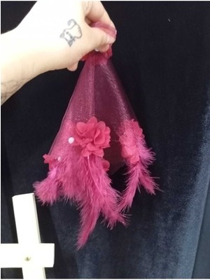 Evsay Gelin ve Damat Için Tüylü Güllü Incili Lüx Halay Mendili Bordo