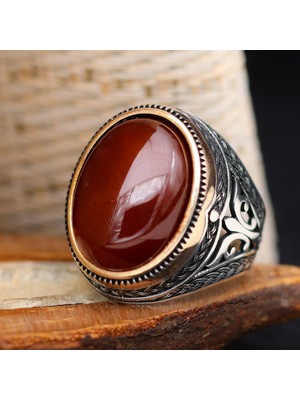 Mem Güney Silver Akik Kırmızı Taşlı 925 Ayar Gümüş Erkek Yüzük