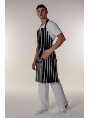 KD İş Giyim Beyaz-Siyah Çizgili Aşçı ve Mutfak Şef Askılı Önlük Unisex