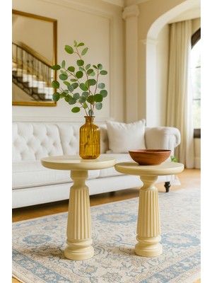 Krem Renk Masif Ahşap Yan Sehpa Seti – 2'li Modern Zigon Fiskos