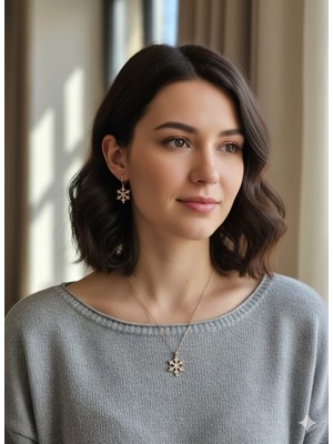 925 Ayar Papatya Silver Kar Tanesi Kolye Küpe Set.rose.gold.rodaj