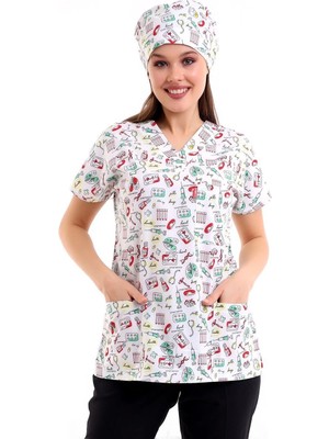 Yarasa Kol Dijital Unisex Desenli Üst - 6518 Beyaz Sağlık Sembolleri