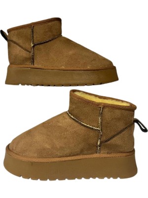 Şanzelize Kadın Taba Süet Içi Kürklü Yünlü Kalın Yüksek Tabanlı  Kışlık Bilekte Kısa Mini Ug Bot